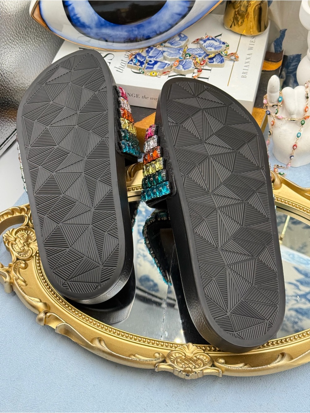 🧿🧿 KURT GEIGER LONDON Meena Eagle Jewel Crystal Studded Slide, Black Rainbow - Picture 11 of 14